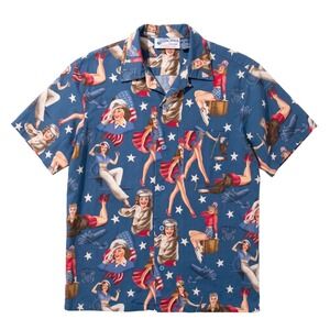 Cruisin USA Blue Pinup Girl Military Patriotic Short Sleeve Shirt Mens Size M
